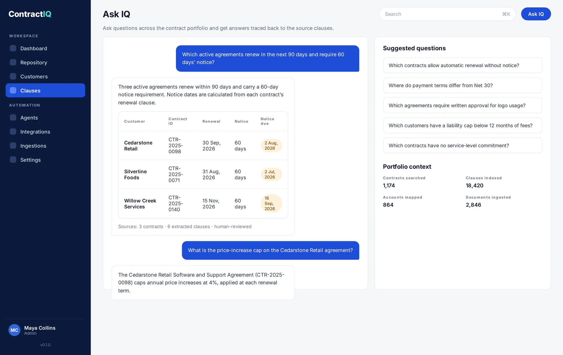 ContractIQ natural-language search answering a renewal and notice-period question across a synthetic demonstration contract portfolio.