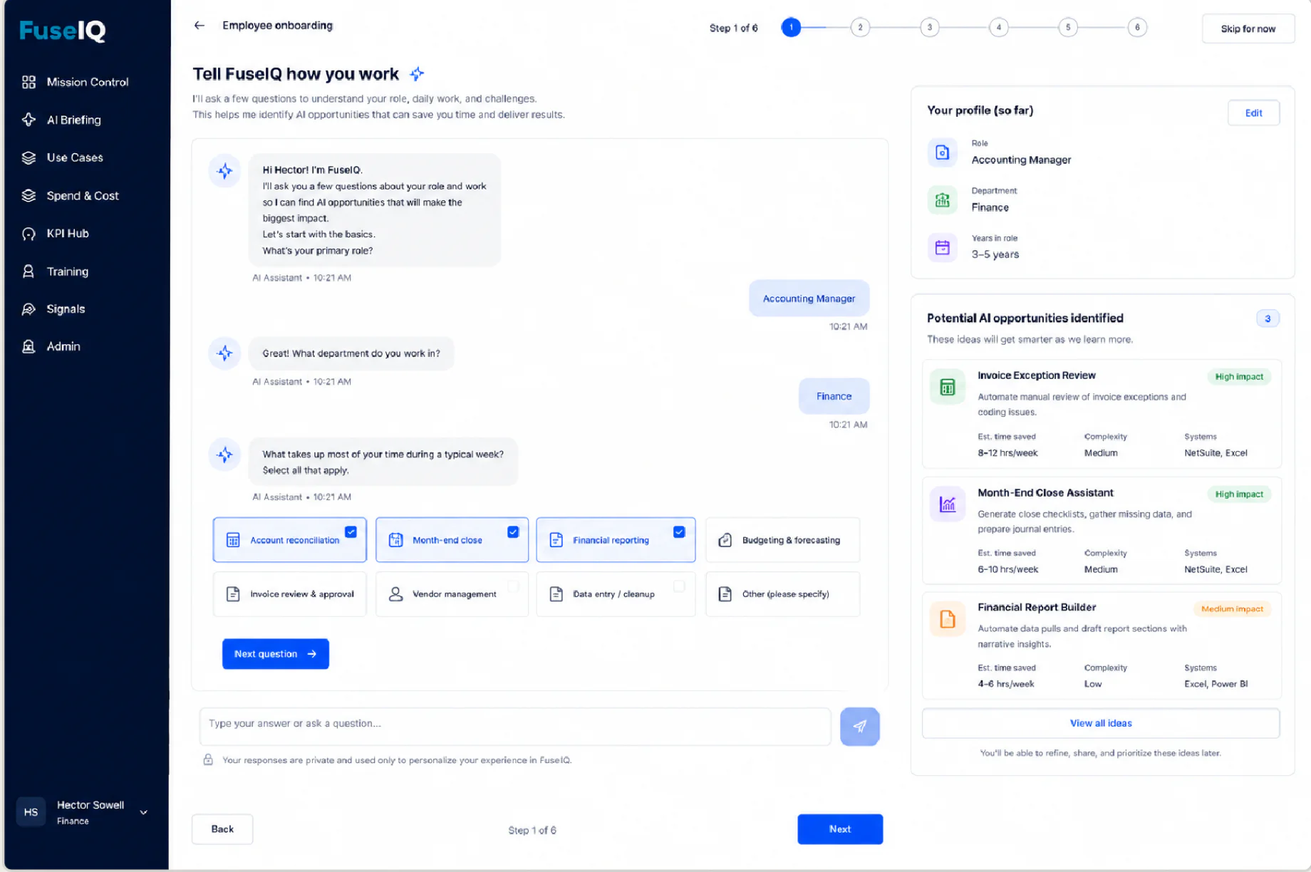 FuseIQ onboarding capturing company profile, people, systems, goals, KPIs, and AI estate