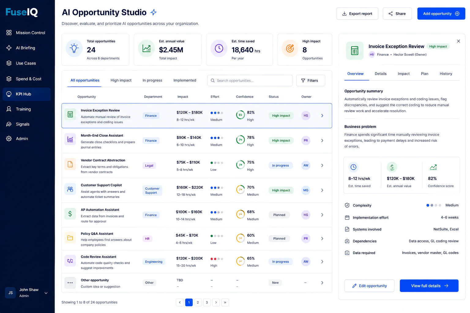 FuseIQ AI Opportunity Studio with a prioritized opportunity pipeline and impact analysis