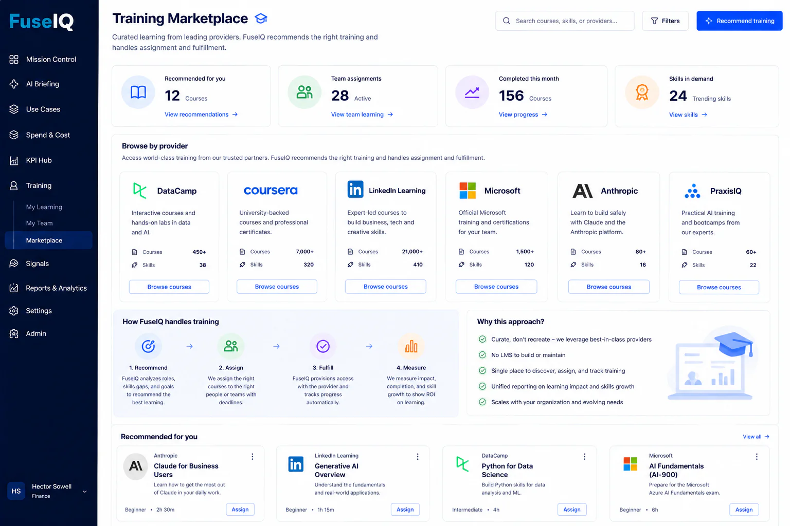 FuseIQ Training Marketplace with role-based recommendations, assignments, and learning metrics