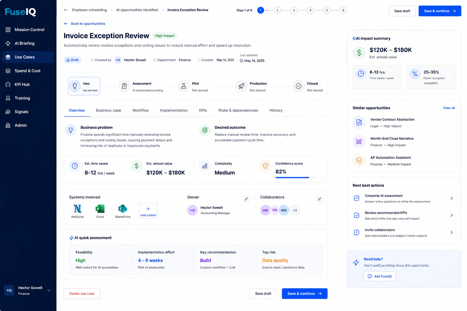 FuseIQ use-case record with workflow stages, business impact, KPIs, risks, and next actions